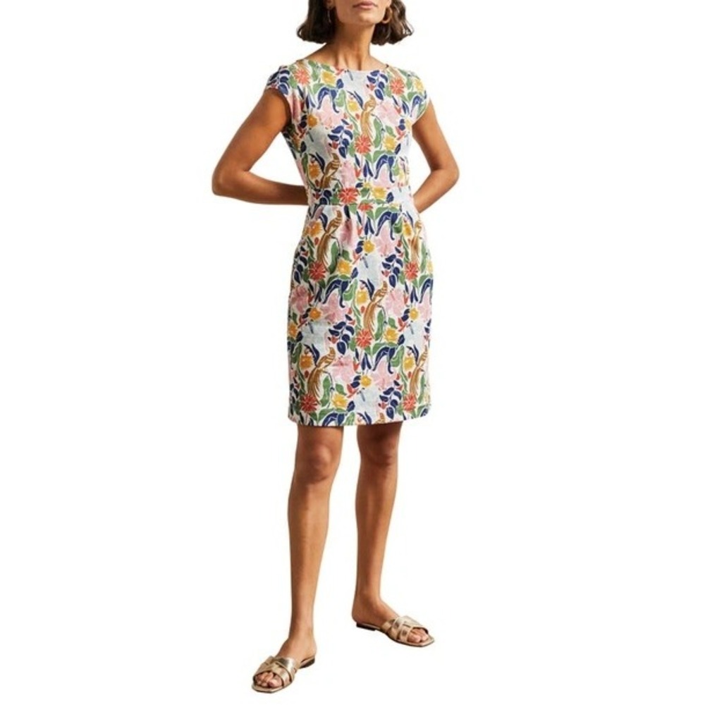 Boden Florrie Ivory Bird Floral Cotton Jersey Dress Colorful Pockets | Size 4